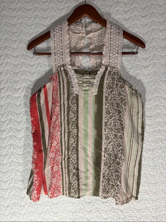 CAbi Tops - CAbi Lace-Back Striped & Floral Camisole in Cream, Olive & Coral
